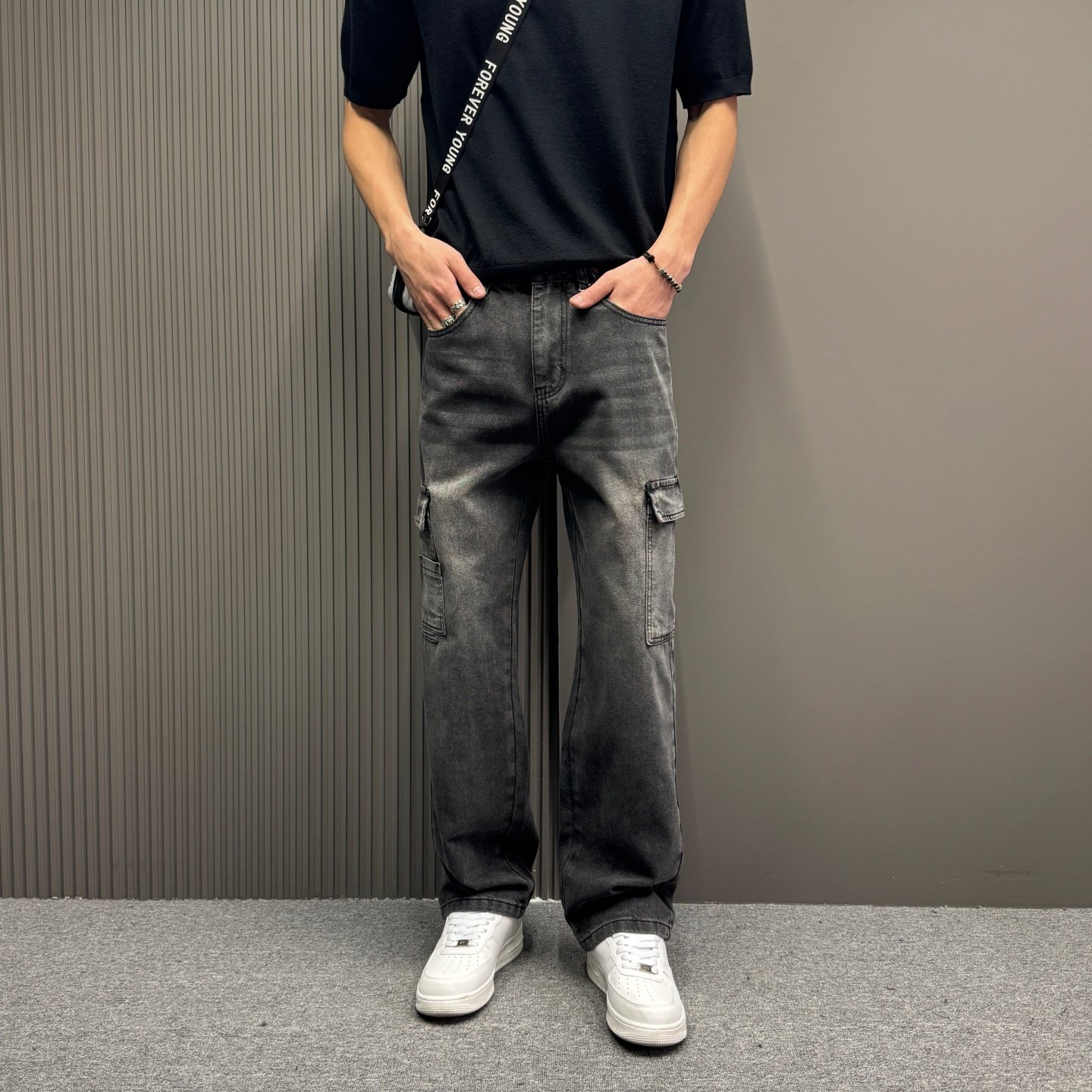 做旧水洗多口袋简约牛仔裤男士百搭显瘦工装直筒裤宽松气质休闲裤,男装,牛仔裤,淘宝优惠券,粉丝福利购,淘宝优惠卷
