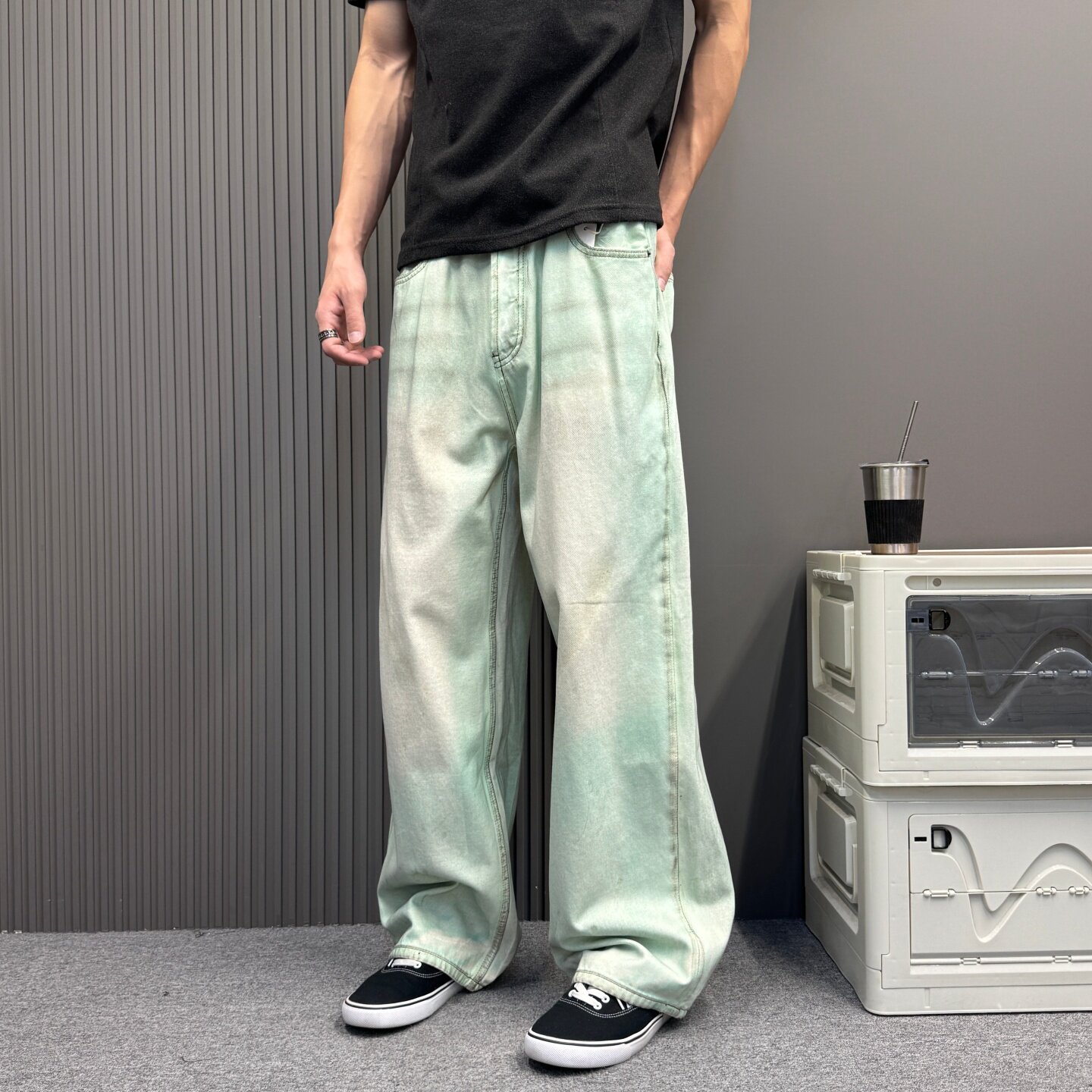 小清新小众休闲薄荷绿色阔腿牛仔裤男女同款直筒水洗做旧夜光长裤