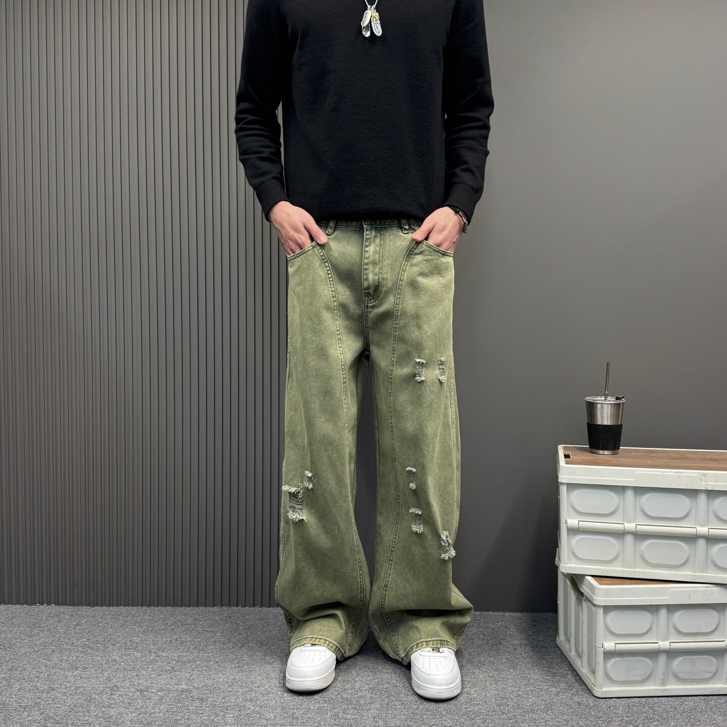 重工水洗扎染破洞牛仔裤男款春夏季美式高街宽松直筒阔腿弯刀裤子