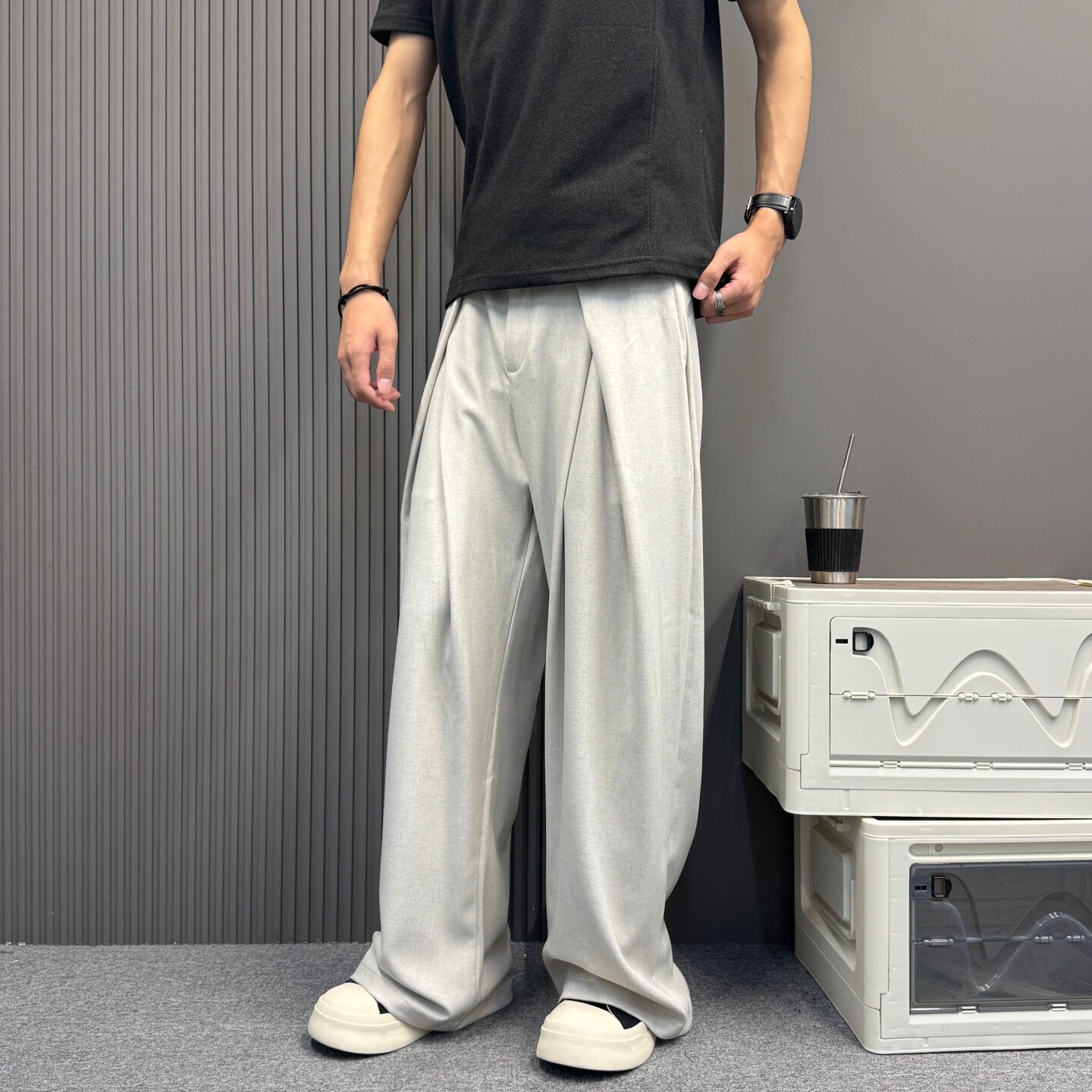 老钱风不规则打褶A字阔腿西装裤男 宽松通勤百搭休闲长裤男女同款
