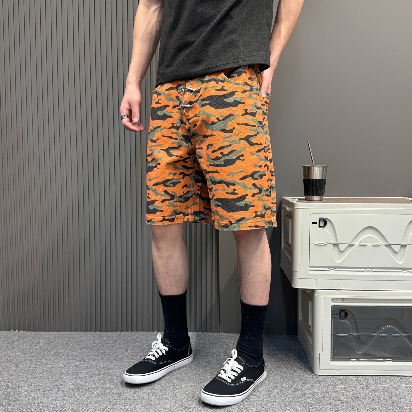 原创小众个性迷彩橘黄牛仔短裤男夏季宽松直筒五分裤潮牌工装裤潮