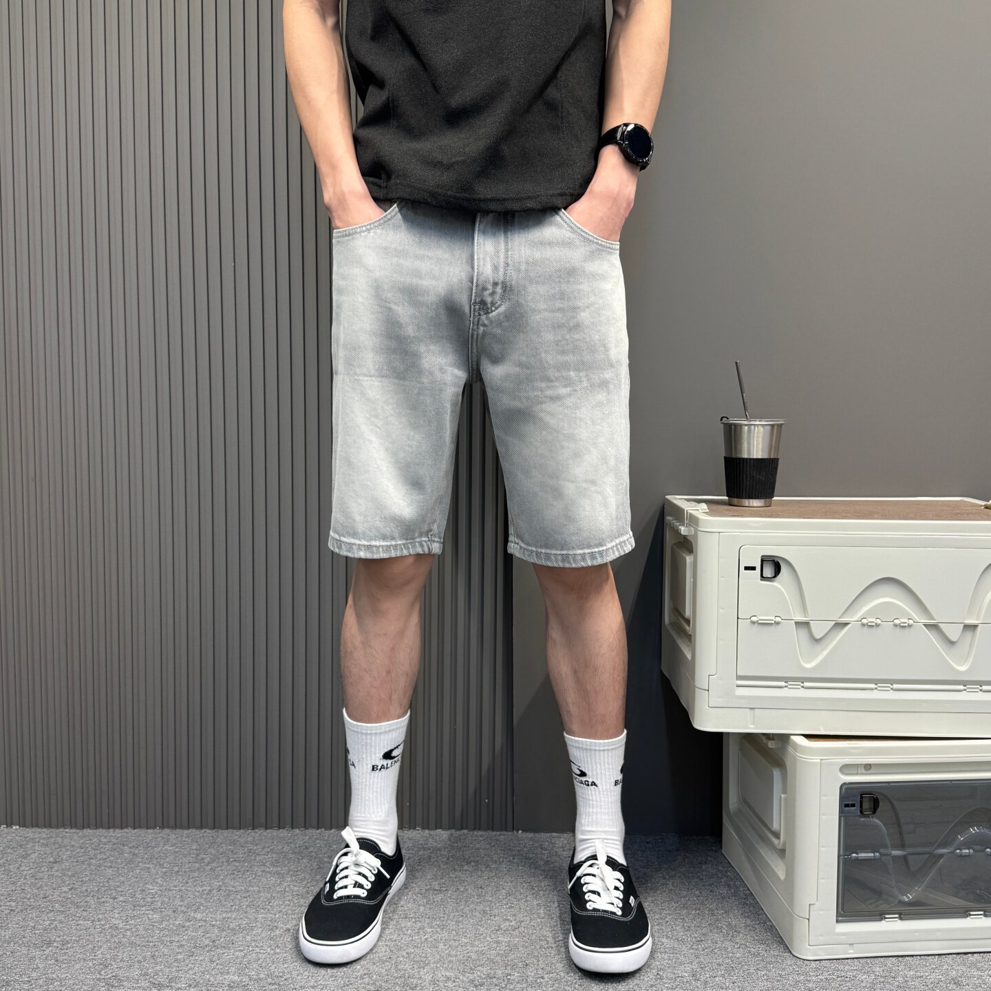 美式休闲宽松微跨灰色牛仔短裤男简约百搭直筒五分裤潮牌质感中裤
