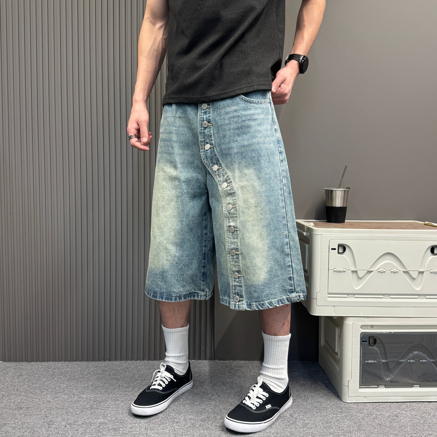 独家原创不规则纽扣复古水洗牛仔男夏季宽松阔腿七分裤街头风潮裤