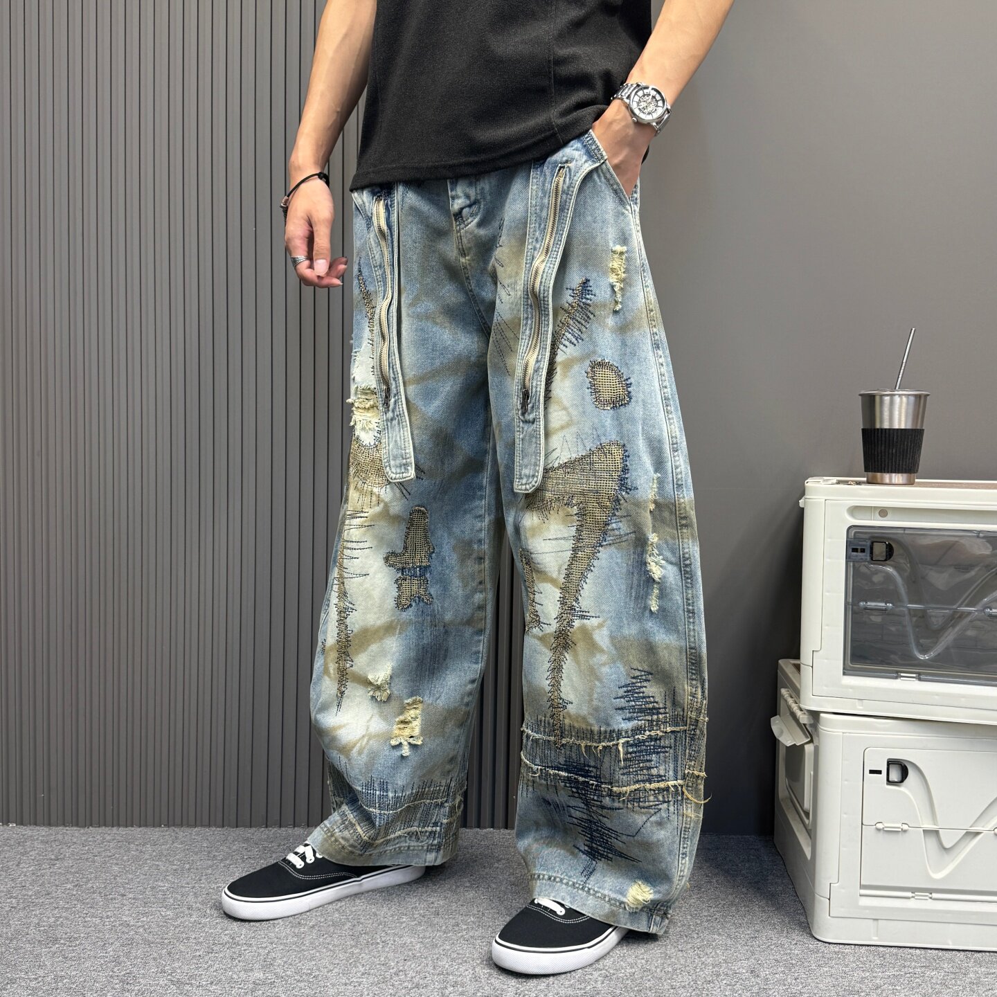 美式重工弯刀牛仔裤男女夏季潮牌乱针刺绣污渍裤子废土风阔腿长裤