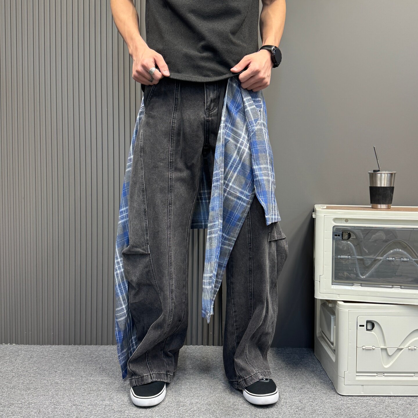 男士衬衫拼接牛仔阔腿裤蓝格假两件设计抽绳水洗做旧高街痞帅裤子