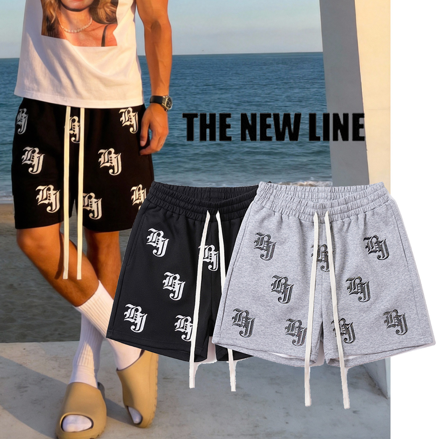 美式高街烫钻刺绣四分短裤潮牌宽松抽绳运动裤夏季百搭休闲篮球裤,男装,短裤,淘宝优惠券,粉丝福利购,淘宝优惠卷