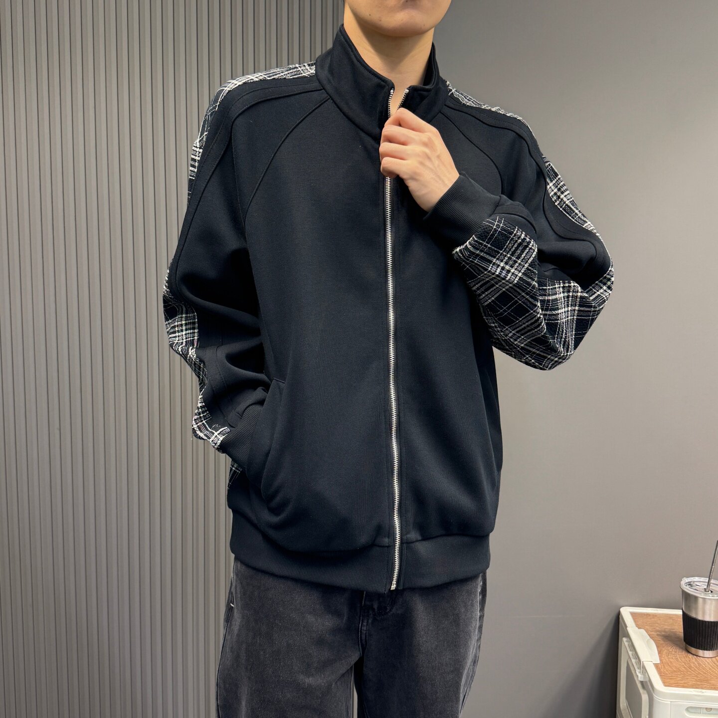 设计感格子拼接立领夹克男装秋款百搭美式休闲运动风卫衣拉链外套