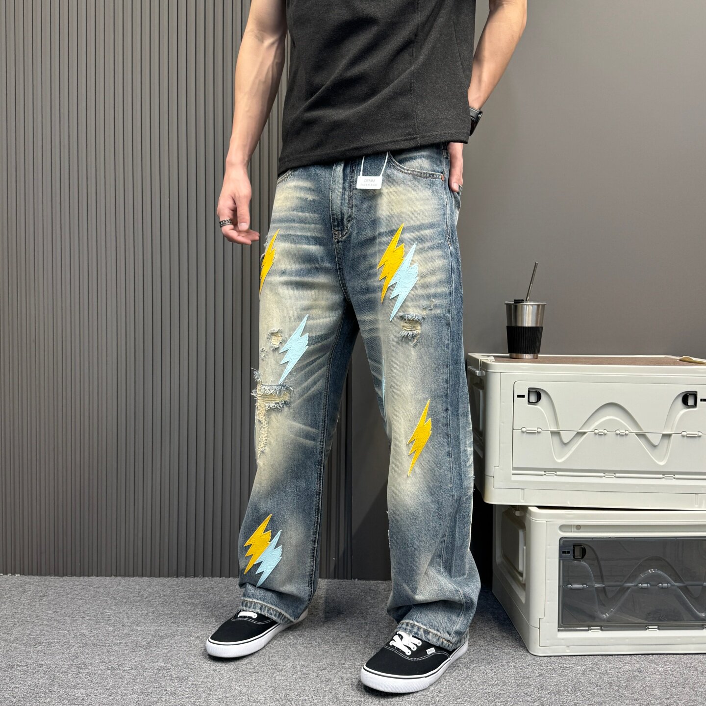 美式复古水洗做旧破洞牛仔裤男街头嘻哈宽松直筒裤百搭休闲长裤子