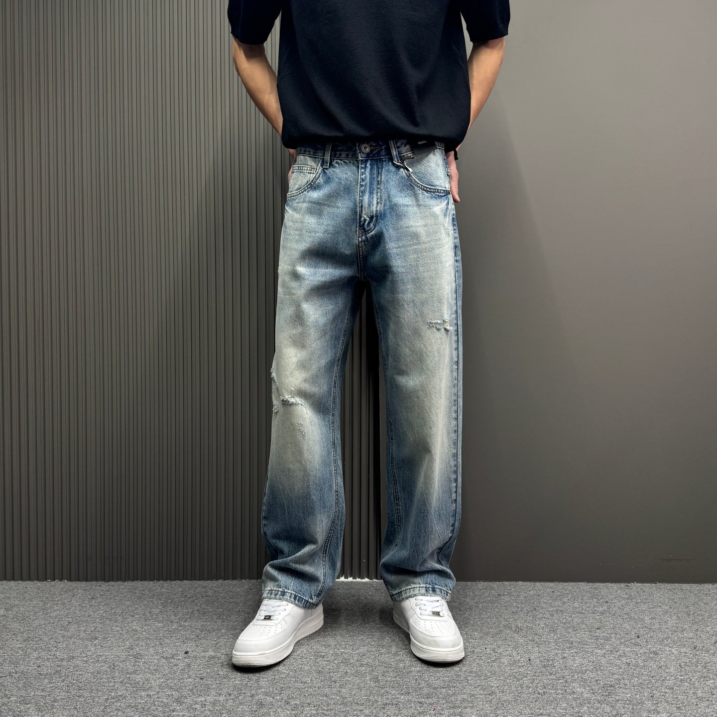 复古蓝破洞牛仔裤男秋季宽松直筒潮流百搭阔腿休闲长裤子男春秋款