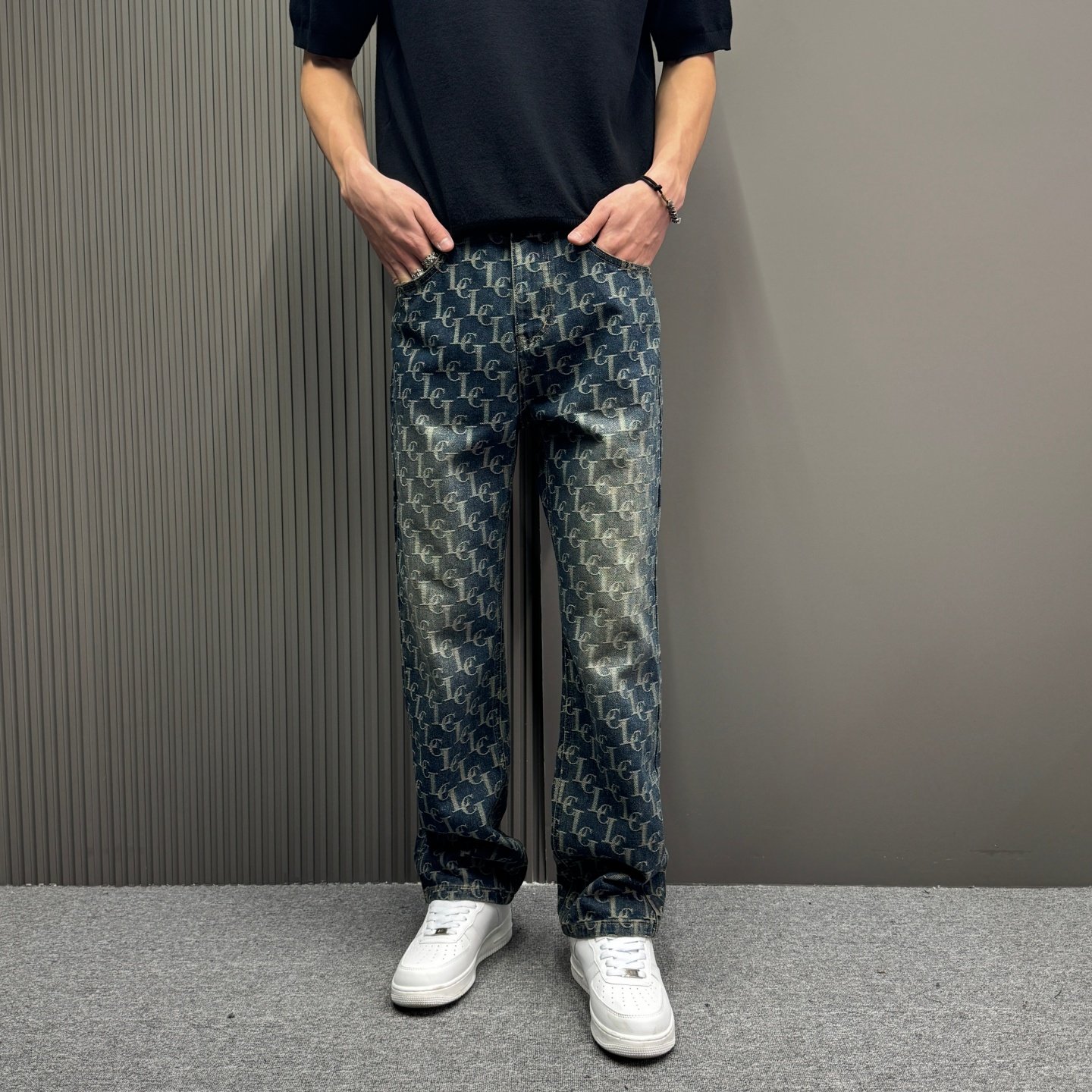 美式复古水洗提花牛仔裤男款宽松直筒休闲长裤子潮牌痞帅显高裤子