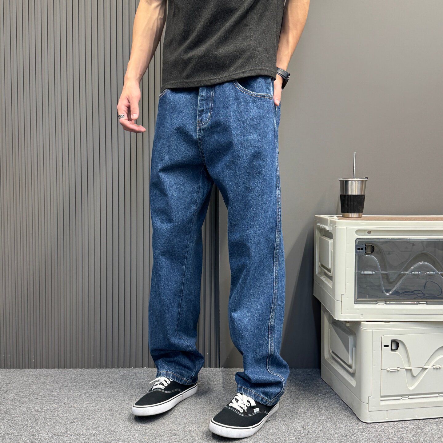 硬挺窄版直筒牛仔裤男女款都市休闲秋冬季蓝色高腰遮胯高级感长裤
