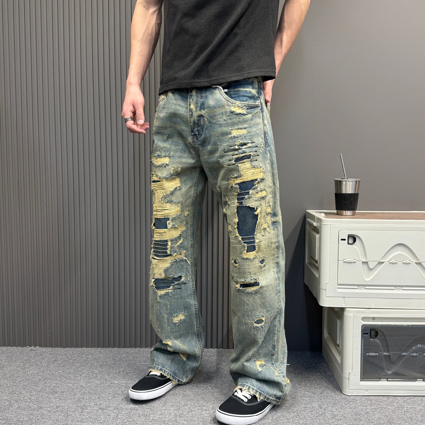 美式高街小众原创黄泥假破洞牛仔裤男款帅夏季直筒显高显瘦裤子潮