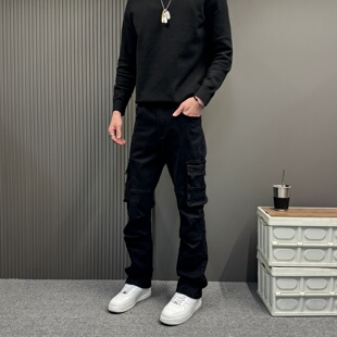 美式暗黑工装多口袋牛仔裤男春秋潮牌vide风微喇直筒显瘦运动长裤