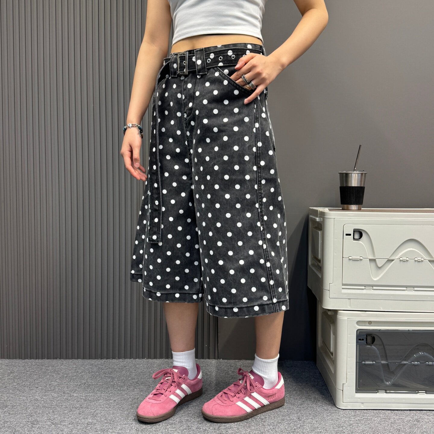 韩系满印波点复古牛仔七分裤女夏季新款高腰遮肉显瘦水洗阔腿短裤
