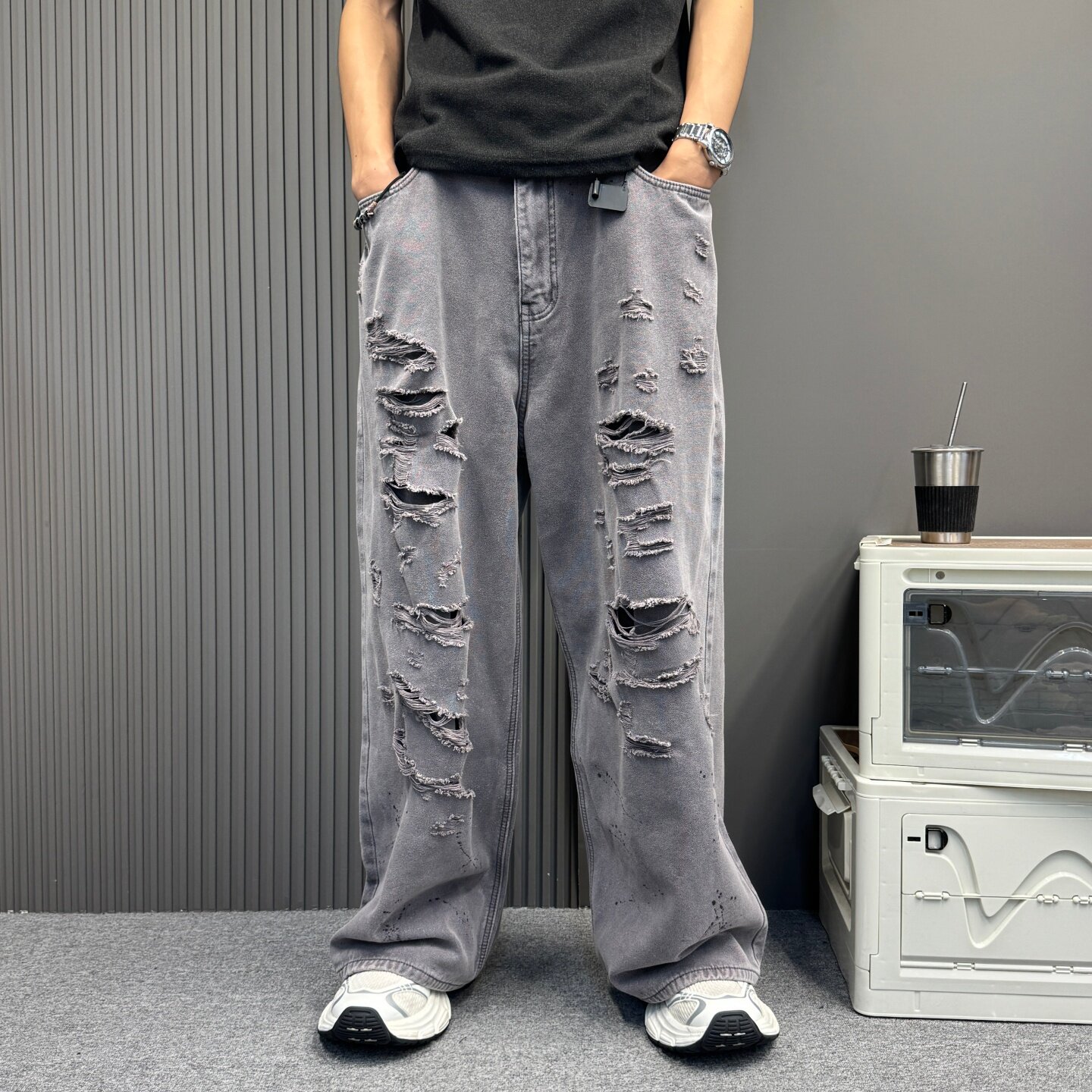 美式破洞工装牛仔裤 男复古宽松高街阔腿双层糜烂大破坏长裤情侣