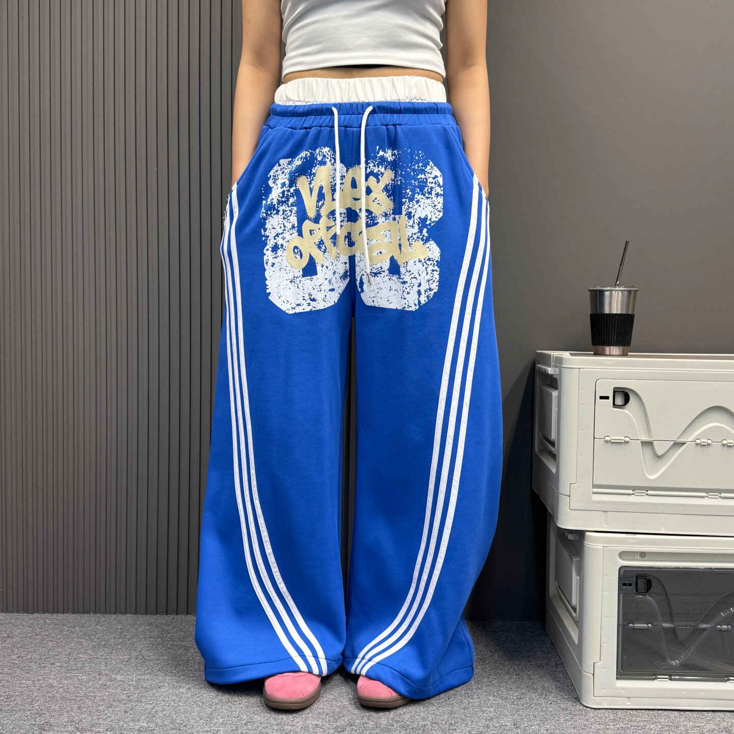 美式涂鸦字母弯刀裤宽松显瘦阔腿休闲裤慵懒百搭女蓝色运动裤夏季