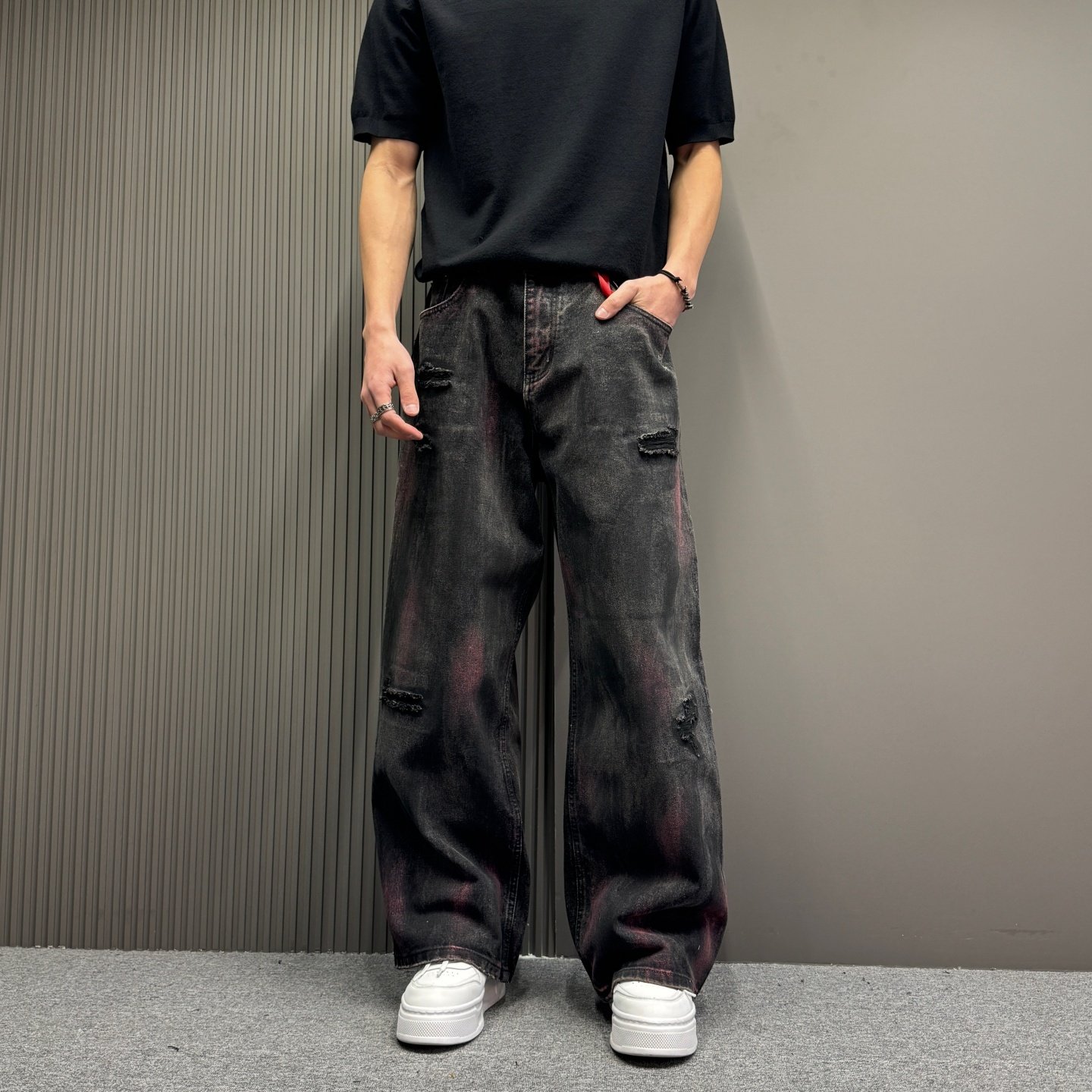 美式高端牛仔裤男重磅潮牌宽松直筒阔腿黑灰色假破洞休闲情侣裤子,男装,牛仔裤,淘宝优惠券,粉丝福利购,淘宝优惠卷