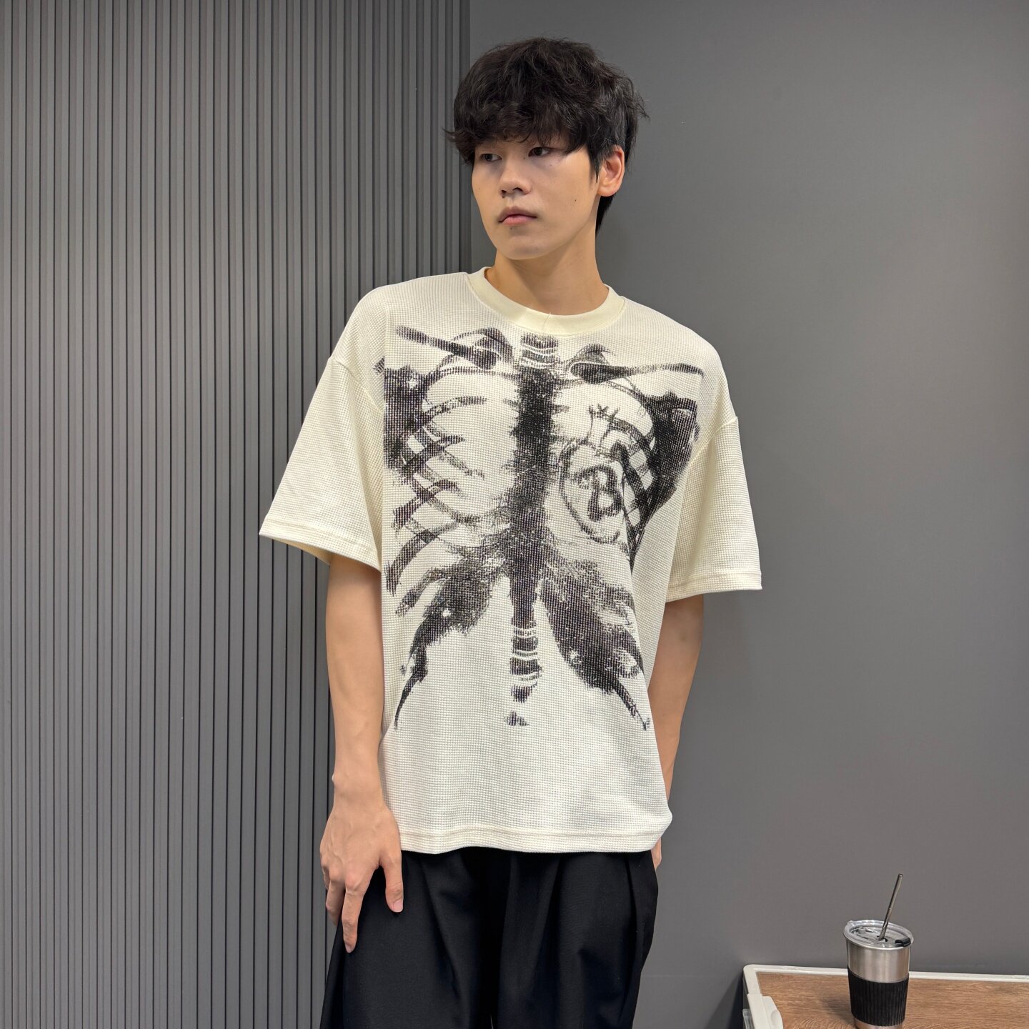 美式复古哥特风骷髅印花华夫格圆领短袖T恤男女同款宽松潮牌上衣