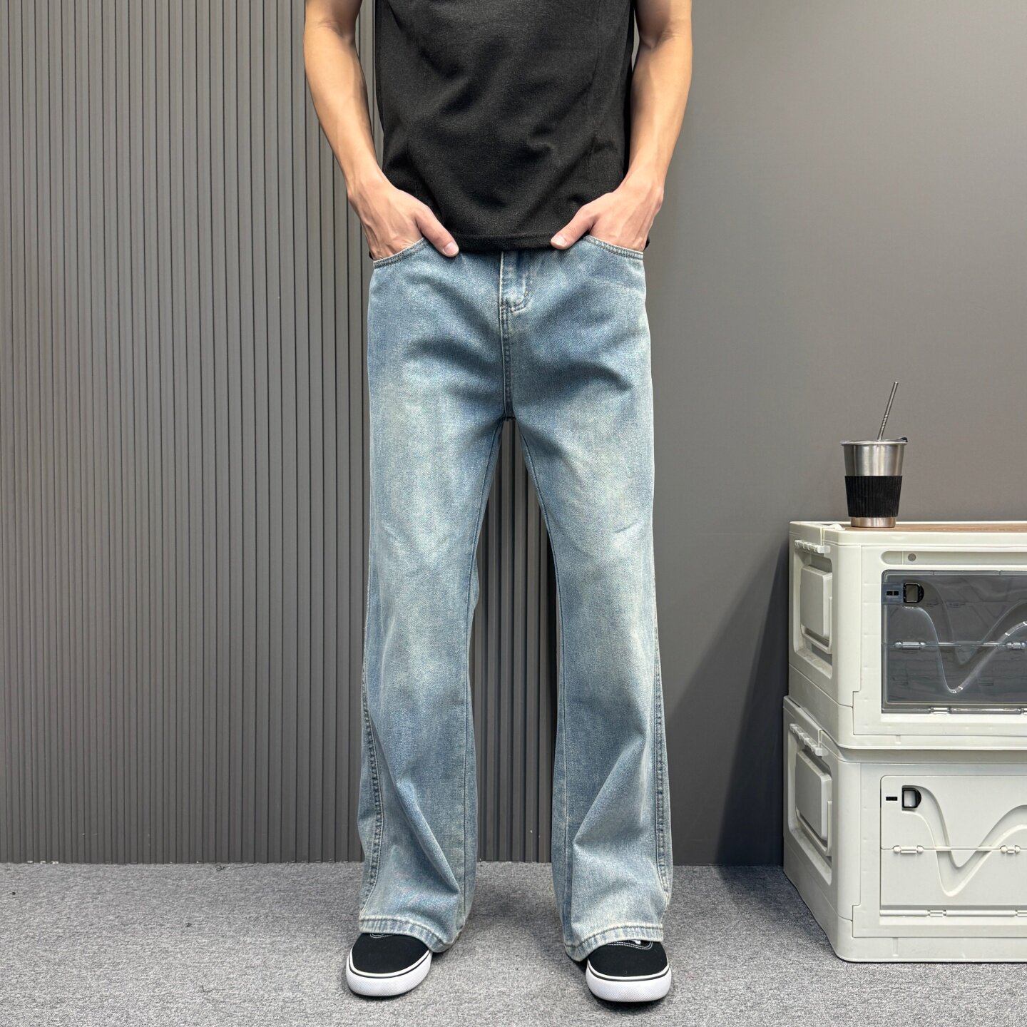 美式水洗磨白cleanfit牛仔裤微喇窄版显瘦复古vintage百搭长裤男