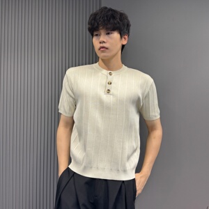 韩系痞帅杏色针织短袖男士亨利领三粒扣夏季薄款透气休闲半袖上衣