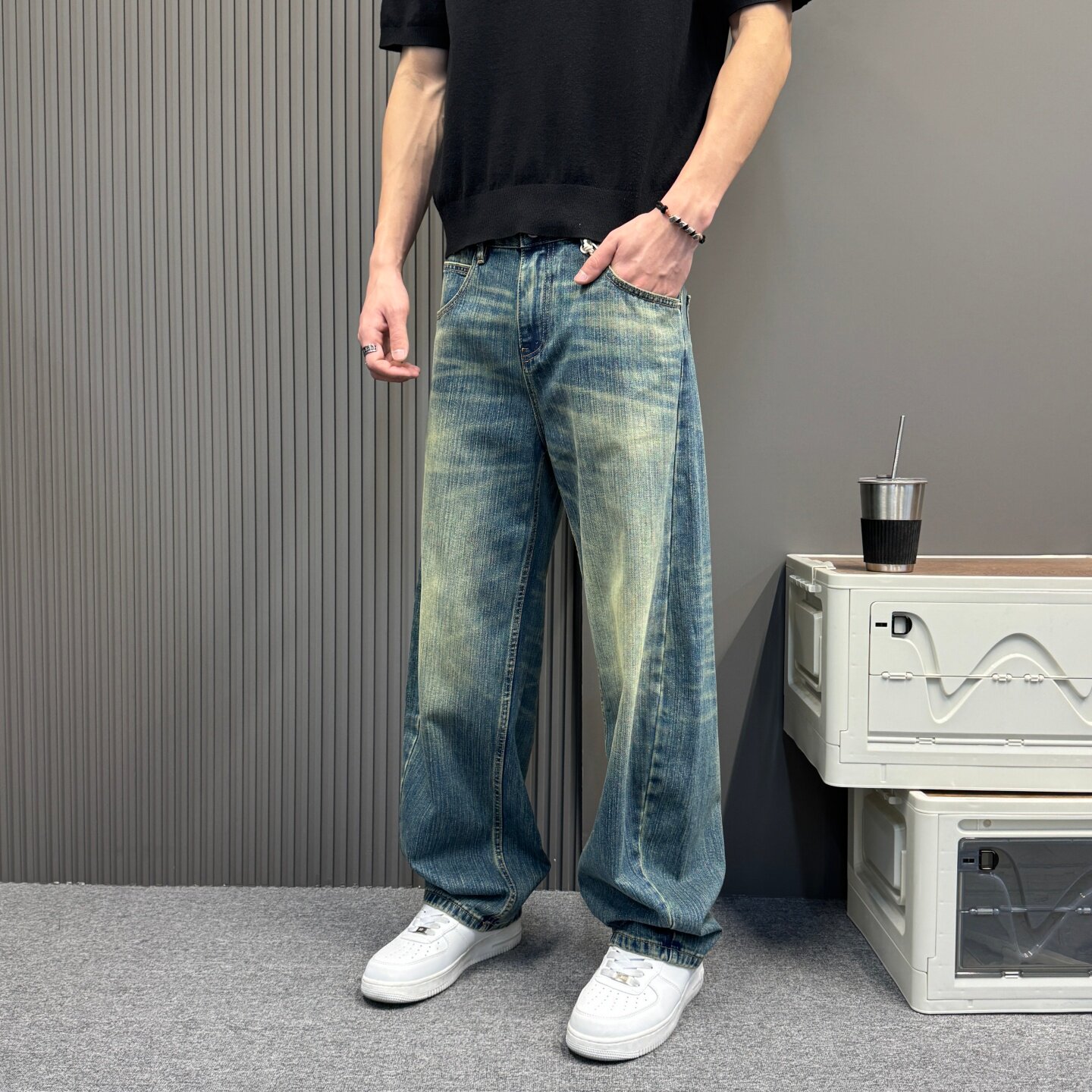 美式高街复古水洗质感牛仔裤男潮牌宽松阔腿直筒裤垂感休闲长裤潮