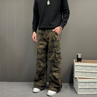 美式水洗多口袋潮男工装风迷彩牛仔裤男宽松直筒休闲长裤高街潮牌
