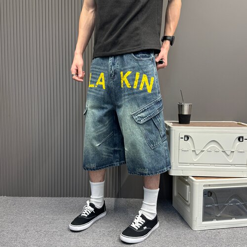美式复古斑驳字母印花牛仔短裤男女宽松阔腿工装风高街情侣七分裤