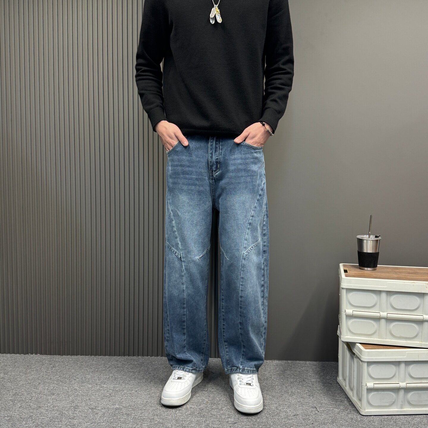 水洗复古做旧弯刀牛仔裤男女春秋美式拼接设计感直筒宽松阔腿裤子