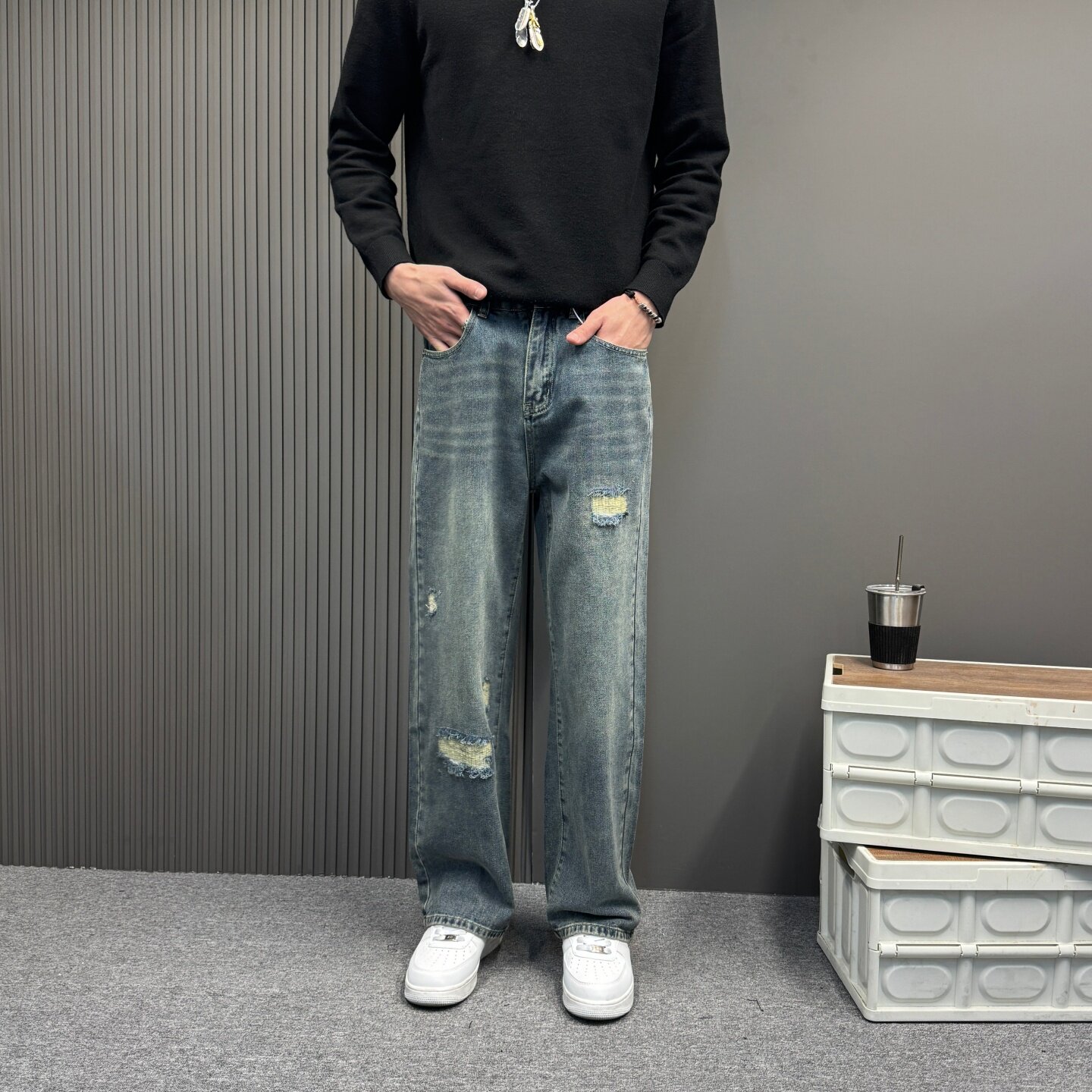 破洞牛仔裤男美式休闲复古水洗浅色宽松直筒垂感长裤阔腿潮牌男士