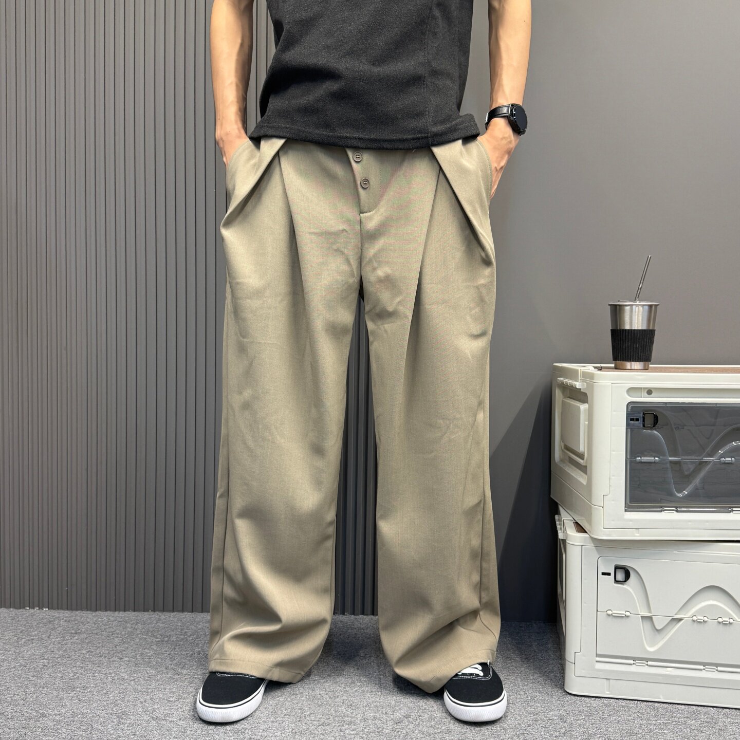 卡其色双褶皱老钱西裤男士春夏小众休闲裤宽松直筒西装裤高级长裤