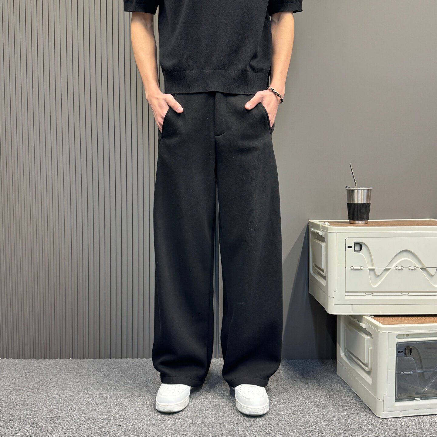 弯刀裤男士褶皱设计宽松阔腿休闲长裤vibe潮牌美式慵懒风纯色宽松