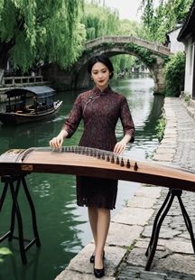 云水吟大码黑红长旗袍七分袖中式连衣裙0012显瘦主持打底裙古筝演