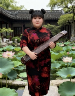 云水吟Xxl大码黑红长旗袍学古琴演出服演出修身胖妹弹力主持00007