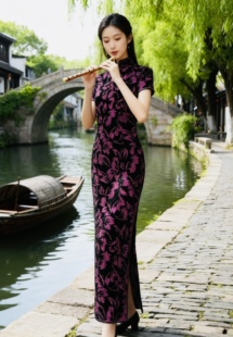 云水吟M中码黑红长旗袍连衣裙0013显瘦主持打底裙笛子闪亮敬酒服