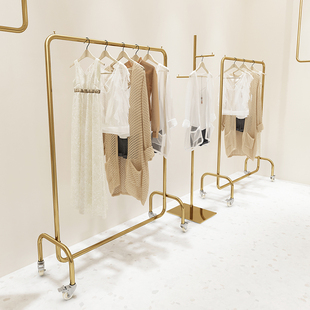 服装 店带轮子挂衣架高档陈列架 店展示架不锈钢电镀金钛落地架女装