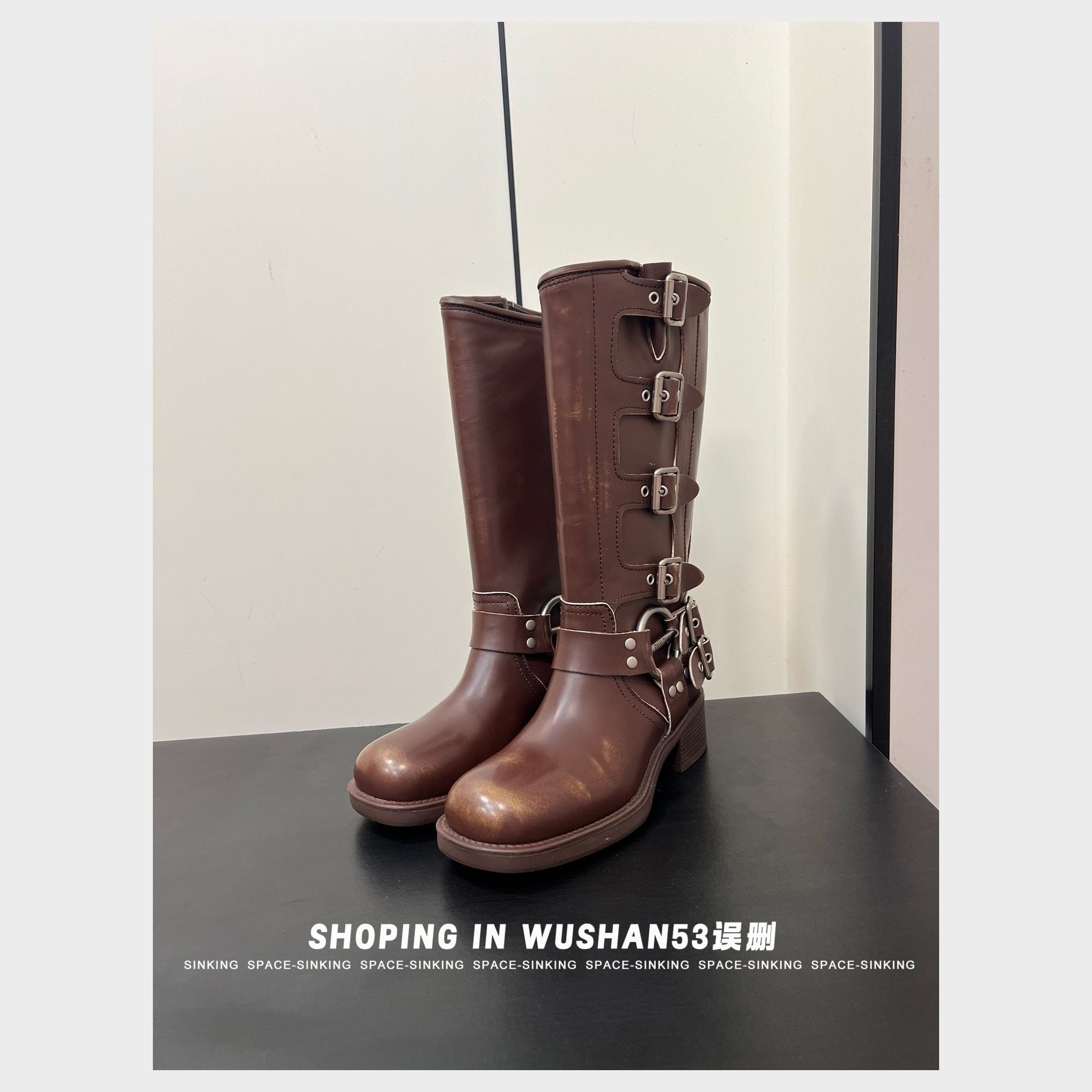 WUSHAN53| 好版型高质感9/10牛仔机车靴擦色做旧越穿越有感觉女鞋