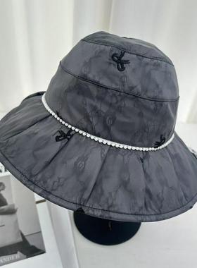 新款珍珠链荷叶边渔夫帽女韩版透气遮阳防晒太阳帽大檐显脸小盆帽