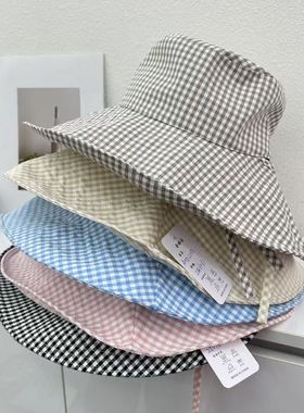 格子渔夫帽女夏季2025新款大帽檐防紫外线遮阳帽百搭休闲防晒盆帽
