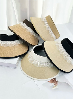 新款日系蕾丝花边珍珠链空顶帽女春夏季出游遮阳防晒帽大檐太阳帽