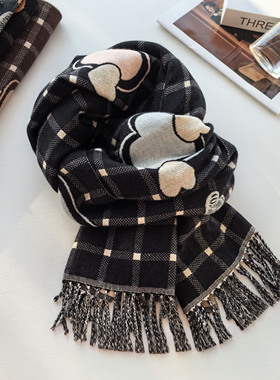 秋冬新款韩系粉色爱心格子围巾女冬季保暖围脖英伦显白氛围感披肩