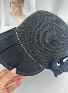 法式蝴蝶结链条草帽防紫外线遮阳帽子春夏季盆帽出游渔夫帽礼帽潮