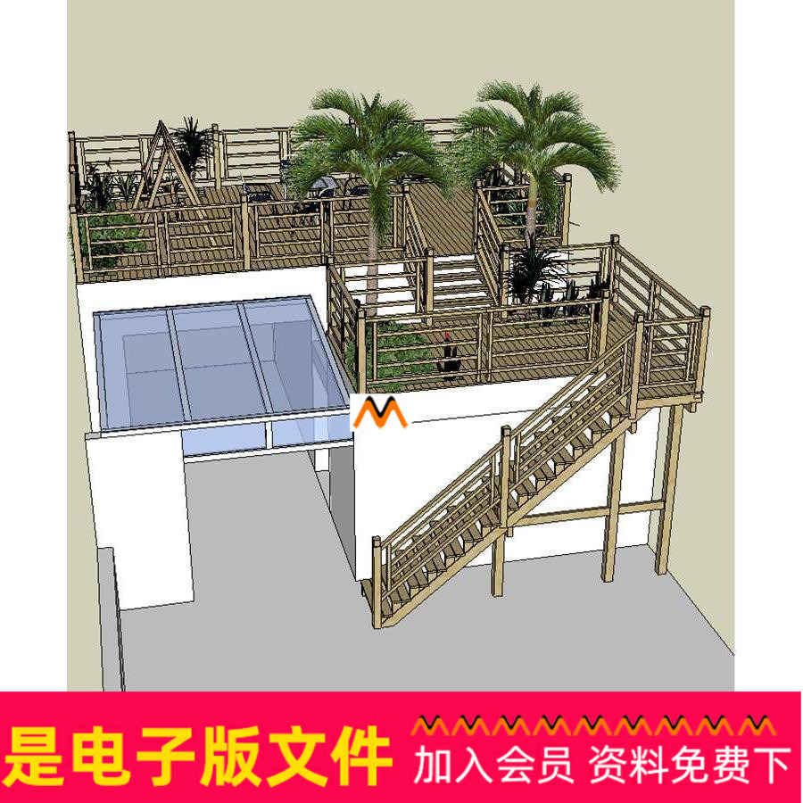 Z325中式木结构屋顶花园休闲屋顶景观设计3D椰子树景观植物SU模型