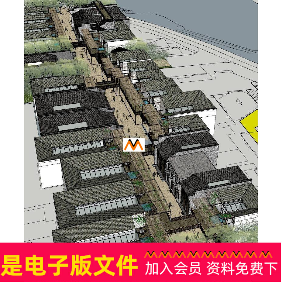 X263南方徽派古街道历史街区改造休闲商业步行街桥商铺改造SU模型