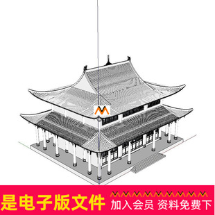 X64仿古建筑二层五开间重檐歇山顶大雄宝殿楼阁式建筑SU模型文件