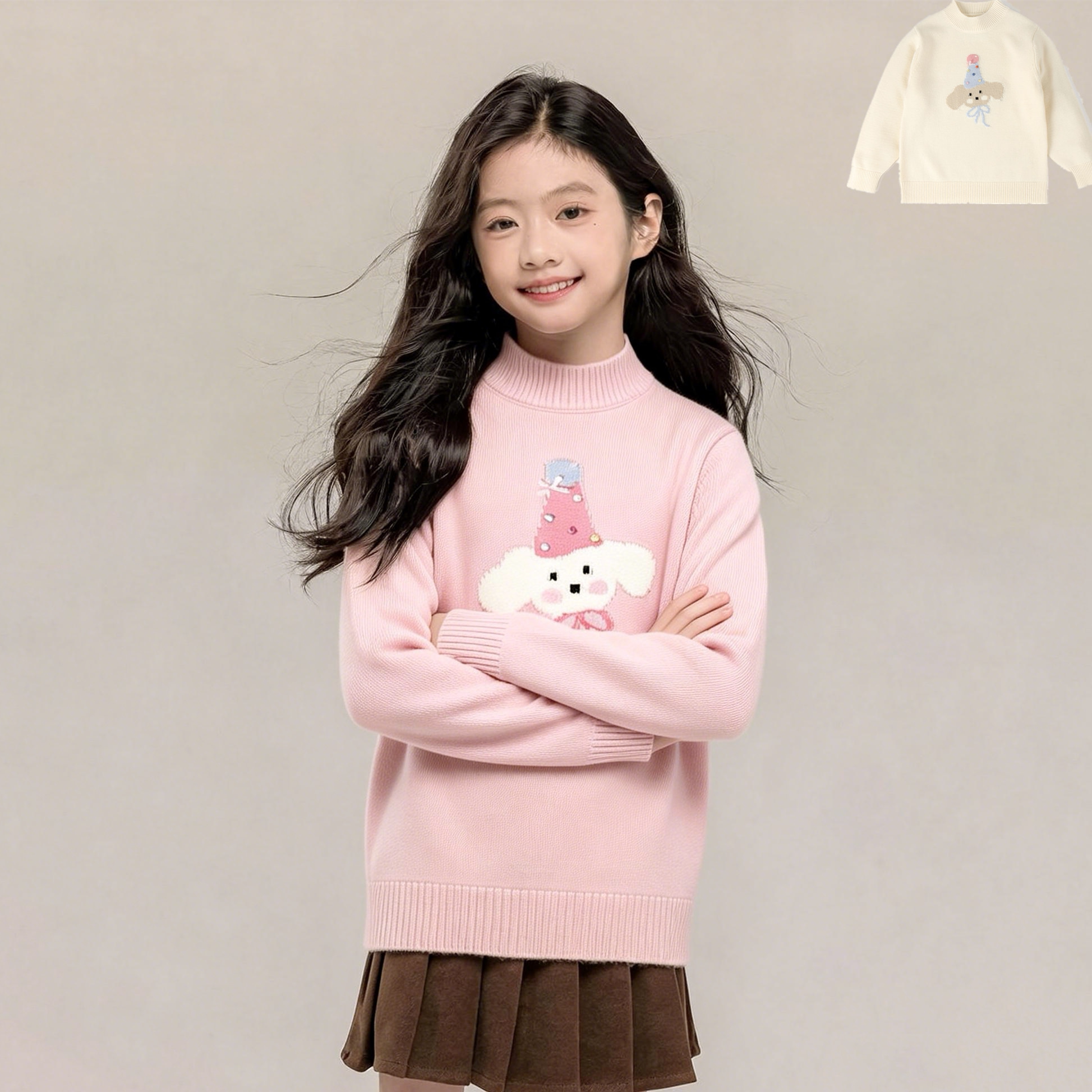 女童100%羊毛毛衣儿童半高领秋冬保暖卡通可爱套头粉色洋气针织衫