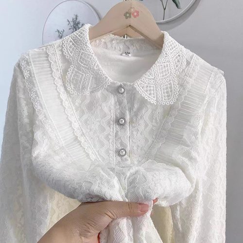 蕾丝镂空娃娃领加绒衬衫小香风宽松显瘦遮肉减龄外穿上衣网红衬衣