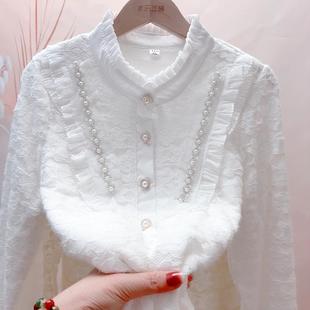 秋冬立领加绒加厚蕾丝打底衫显瘦钉珠宽松衬衫遮肉保暖小香风上衣