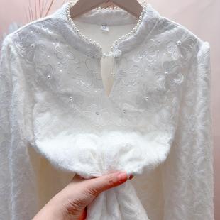 盘扣加绒加厚纱网立领蕾丝衫宽松衬衫显瘦遮肉外穿新中式打底衫冬