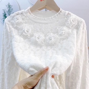 加绒立领钉珠蕾丝打底衫宽松衬衫显瘦遮肉外穿小香风衬衣保暖爆款