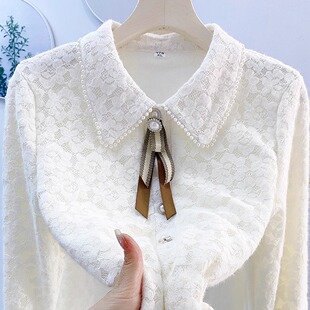 方领纱网蕾丝打底衫宽松衬衫显瘦遮肉外穿小香风保暖衬衣秋冬款女